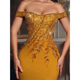 [Elegant Sequin Gown] Glamorous Elegant Off-Shoulder Sequin Gown for Women | Bodycon Mermaid Tail with High Slit, Long Formal Party Dress for Weddings, Galas & Evening Events, Solid Color Evening Wear