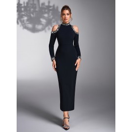 Elegant Off-Shoulder Bridesmaid Dress with Pearl Embellishments - Long Sleeve, Form-Fitting, Solid Black Wedding Evening Gown for Women, Bridesmaid Dress