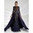 Elegant Women'S Formal Banquet Dress with Sequin Detail - Long Sleeve, Round Neck, Detachable Cape, Navy Blue/Golden Floral Print, Polyester, Perfect for Weddings and Special Occasions