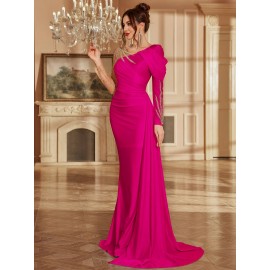 Women's Formal Evening gown - V-Neck Long Formal dress with Zipper back, Elegant Mermaid Party, Wedding, State Gala - Machine Washable Formal Attire in Bright Pink