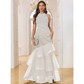 Sequin Open Back Mesh Layered Evening Gown, Elegant Women'S Party Dress for Weddings, Graduations, and Formal Dinners with Slight Stretch Fit Mermaid Skirt