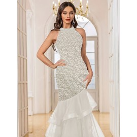 Sequin Open Back Mesh Layered Evening Gown, Elegant Women'S Party Dress for Weddings, Graduations, and Formal Dinners with Slight Stretch Fit Mermaid Skirt