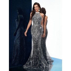 [Elegant Dress] Elegant Sleeveless Formal Dinner Dress | Champagne Halterneck Fishtail for Women - Sparkling Sequins, Mermaid Silhouette, Perfect for Galas & Weddings, Sophisticated Style, Intricate Embellishments
