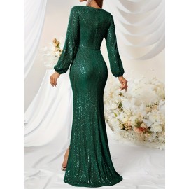 [Elegant Sequin Evening Gown] Elegant Emerald Green Sequin V-Neck Maxi Dress | Long Sleeve Bodycon Evening Gown with High Slit for Parties & Formal Events