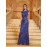 Elegant Avine Round Neck Sequin Mermaid Dress with Floral Sequins - Blue & Golden, Perfect for Weddings, Galas, and Graduations