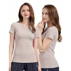Women'S V-Neck T-Shirt with Left Chest & Sleeve Logo Print, Customizable Personal Design, Soft Breathable Stretch Fabric for Comfortable Movement - Perfect for, Casual Wear, Yoga, Dance & Sports Teams, Comfortable Fit, Durable Construction