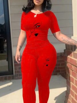 XDCH12LA10 European and American Women's Casual Sporty Round Neck Loose Short Sleeve Long Pants Set with Unique Print Two-Piece Outfit