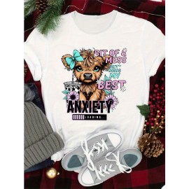 Women's Cute Cartoon Cow Print T-Shirt, Round Neck Short Sleeve Fashion Sports Tee, Comfortable Casual Top, Knitted Polyester Fabric, Romantic Style, All Seasons, Ladies Leisure Sportswear