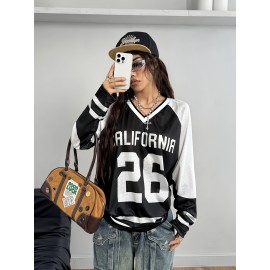 [Soft Stretch V-Neck T-Shirt] Soft Stretch Fabric Women's Casual V-Neck Long Sleeve T-Shirt | California 26 Letter Print, Black & White Striped Mesh Overlay, All-Season Comfort for Casual Attire | Vneck Design | Mesh Overlay Shirt