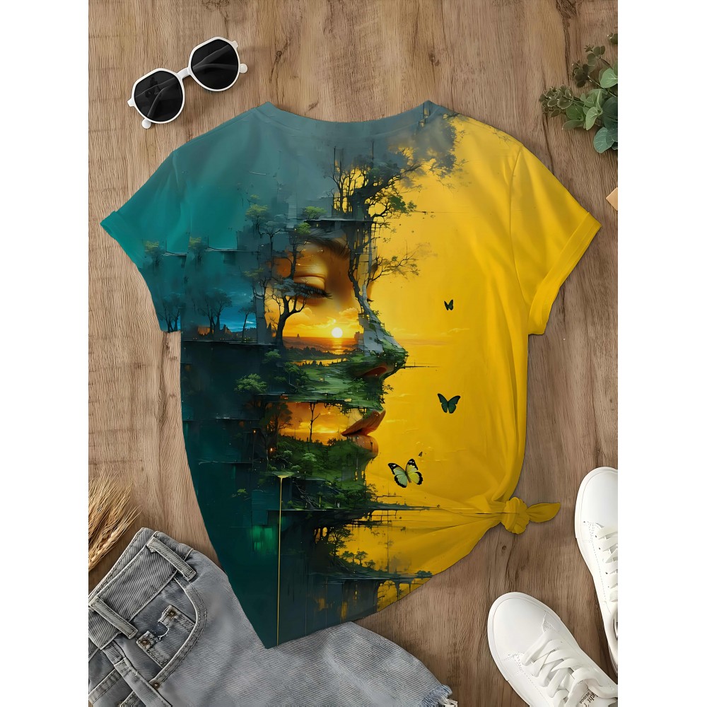 Women'S Artistic Print T-Shirt - High-Quality, Breathable Polyester, Green Forest Sunset Design with Butterflies - Casual & Comfortable for Casual Attire, Perfect for Spring/Summer/Fall