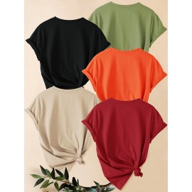 [Versatile Summer T-Shirt Set] 5pcs Versatile Summer T-Shirt Set, Women's Simple Floral Short Sleeve Chrysanthemum Print Round Neck Loose Fit Casual Fashionable Commute Vacation Everyday Top in Multiple Colors 1XL-5XL