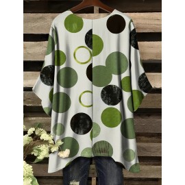 Plus Size, Women's Oversized Green & White Polka Dot T-Shirt - Casual Batwing Short Sleeves, Asymmetrical Hem & Round Neck Summer Top, Breathable All-Season Comfort Fit, Machine Washable Casual Attire (No Jewelry Needed)