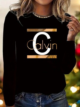 Plus Size - Women'S Oversized Calvin Graphic Print Long Sleeve T-Shirt - Casual Crew Neck, Golden Lettering on Black, Perfect for Spring & Fall, Comfortable Fit, Casual Wear Tee | Oversized Tshirt | Comfortable Fit