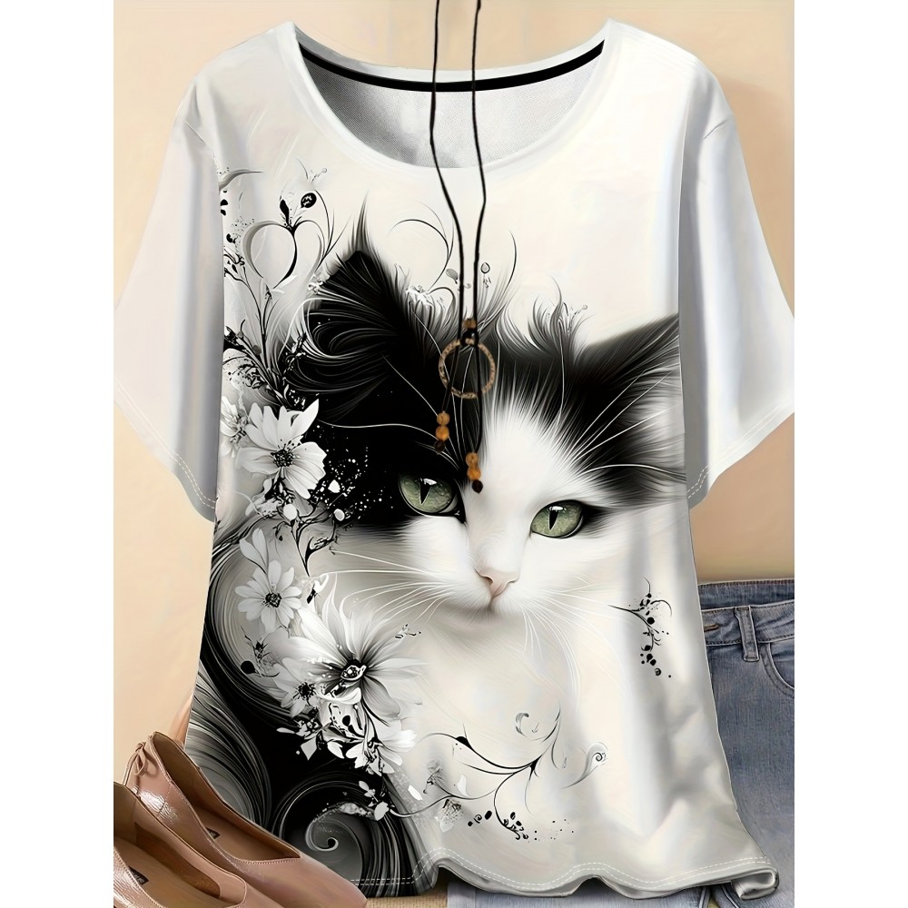 Plus Size - Women'S Plus Size Cat Print T-Shirt - Casual Crew Neck, Fabric, 95% Polyester 5% Spandex, Summer Animal Design with Floral Accents, Perfect for Outdoor and Travel, Casual Summer Wear | Playful Graphic Tee | Stretchy Fabric