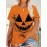 Plus Size, Women's Halloween Pumpkin Face T-Shirt - Purple & Black Spooky Graphic Tee, Plus Size Round Neck Short Sleeve Top for Halloween Party Outfits, Everyday Casual Wear - Machine Washable Costume Apparel, Halloween Clothes