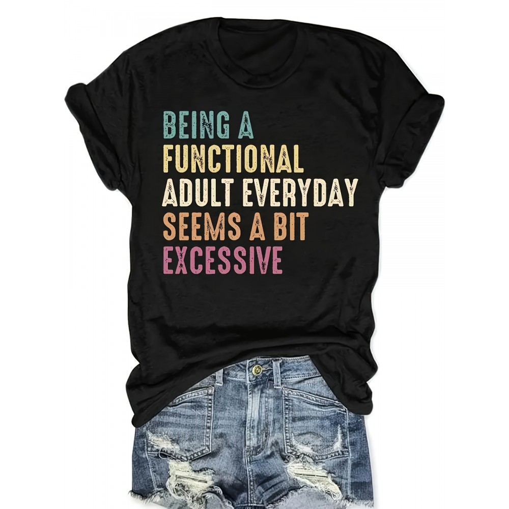 Women's Casual Short Sleeve T-Shirt - Black Relaxed Fit Round Neck with Colorful Geometric Print & Humorous Slogan, Machine Washable Summer Top for Casual Attire, Ladies T Shirts, Comfortable Tee