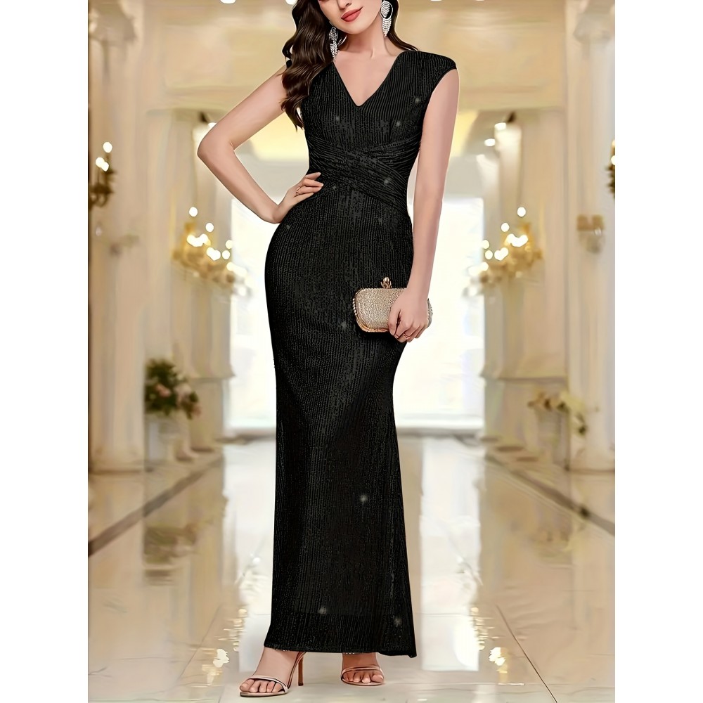 Chic Sleeveless Sequin Dress for Women - V-Neck, Slim Fit, Stretch Polyester Blend, Perfect for Weddings and Formal Events, Lovely Dress [M186]