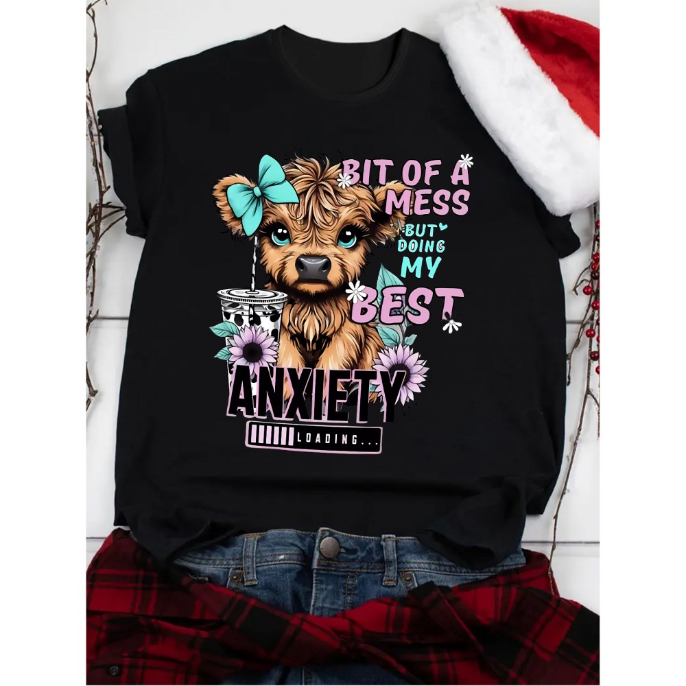 Women's Cute Cartoon Cow Print T-Shirt, Round Neck Short Sleeve Fashion Sports Tee, Comfortable Casual Top, Knitted Polyester Fabric, Romantic Style, All Seasons, Ladies Leisure Sportswear