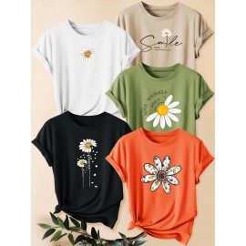 [Versatile Summer T-Shirt Set] 5pcs Versatile Summer T-Shirt Set, Women's Simple Floral Short Sleeve Chrysanthemum Print Round Neck Loose Fit Casual Fashionable Commute Vacation Everyday Top in Multiple Colors 1XL-5XL