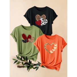 3pcs Women'S Casual Short Sleeve T-Shirts with Leopard Print & Heart Design - Loose Fit, Round Neck, Medium Stretch, All-Season Comfort, Available in 1XL-5XL Sizes, Leopard Print T Shirt, Vacation Clothing, Trendy Fashion, Comfortable Fit