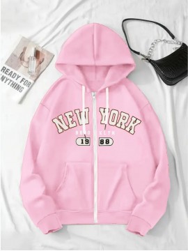 [Plus Size NY Hoodie] Plus Size Women's Light Pink NY Print Hoodie | Comfortable Long Sleeve Zip-Up with Drawstrings, Machine Washable 100% Polyester, Casual Sporty Style