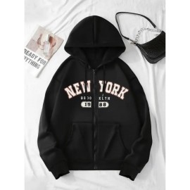 [Plus Size NY Hoodie] Plus Size Women's Light Pink NY Print Hoodie | Comfortable Long Sleeve Zip-Up with Drawstrings, Machine Washable 100% Polyester, Casual Sporty Style