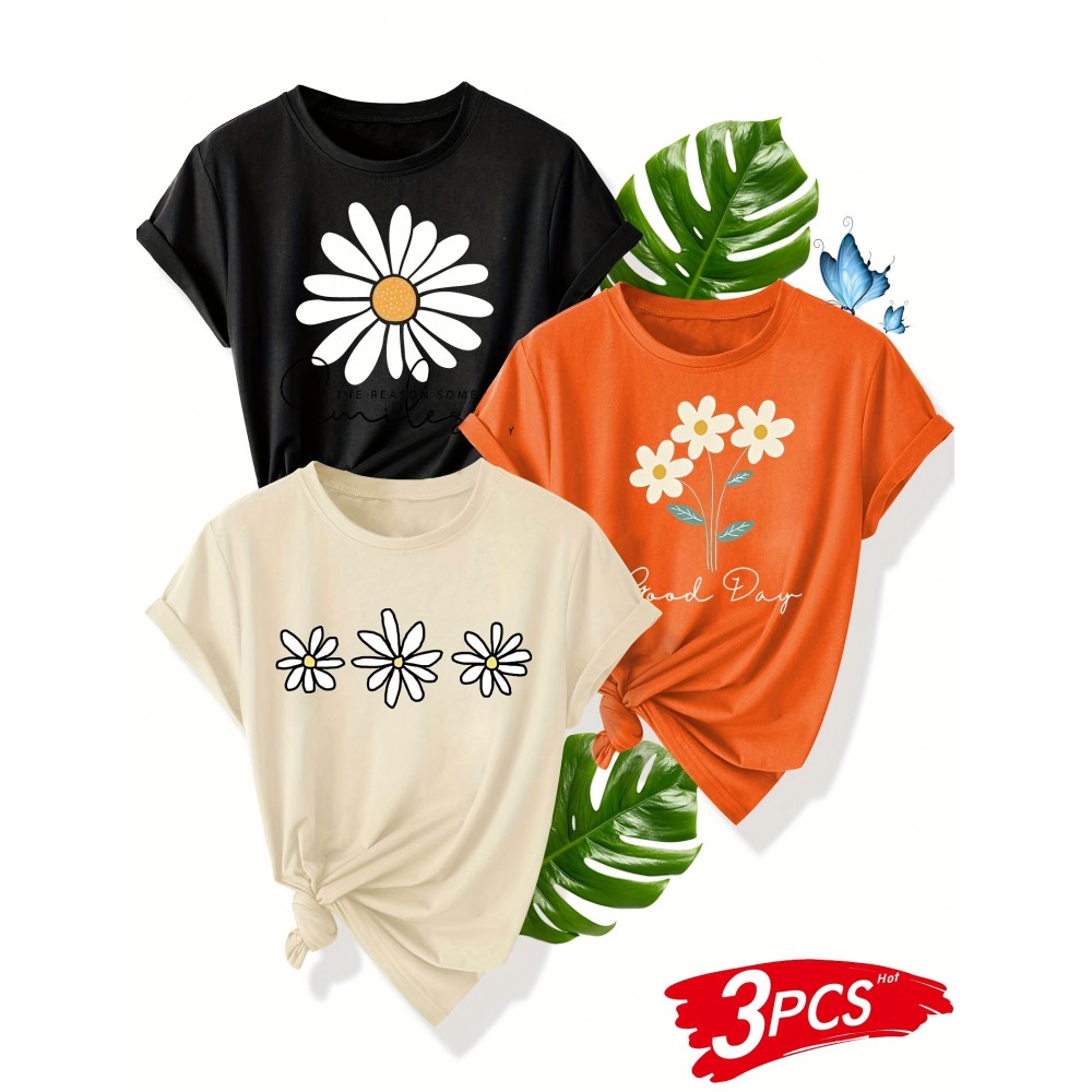 3pcs Floral Print Women'S Casual T-Shirt Set - Black, Red, Beige with Daisy & Sun Design, Short Sleeve, Round Neck, Perfect for Summer, Beach, and Sporty Style, Beach Wear | Floral Print Tee | Comfortable Fit, Ladies T Shirts