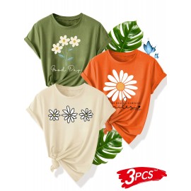 3pcs Floral Print Women'S Casual T-Shirt Set - Black, Red, Beige with Daisy & Sun Design, Short Sleeve, Round Neck, Perfect for Summer, Beach, and Sporty Style, Beach Wear | Floral Print Tee | Comfortable Fit, Ladies T Shirts