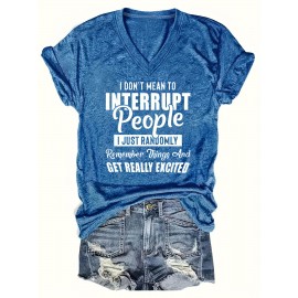 Women'S Casual V-Neck T-Shirt with Alphabet Print, Polyester 60%, Rayon 35%, Spandex 5%, Medium Stretch Knit Fabric, Regular Length, for Spring/Summer/Fall - 180g/m²