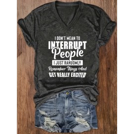 Women'S Casual V-Neck T-Shirt with Alphabet Print, Polyester 60%, Rayon 35%, Spandex 5%, Medium Stretch Knit Fabric, Regular Length, for Spring/Summer/Fall - 180g/m²